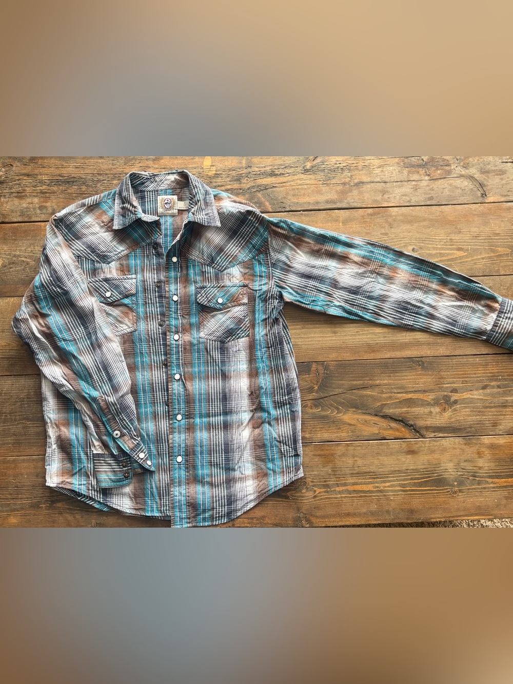 Boy's Plaid Button-Up Shirt in Teal & Brown
